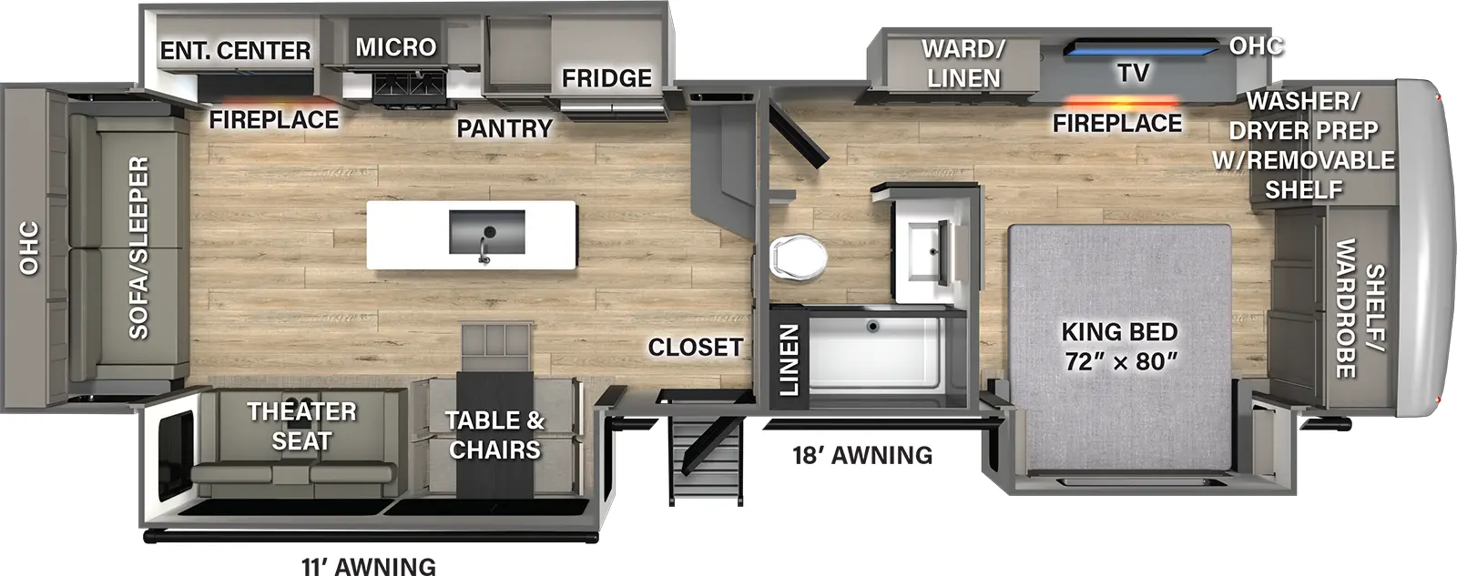 The Columbus 380RL has one entry and four slide outs. Exterior features include: fiberglass exterior and 11' & 18' awning. Interiors features include: kitchen island, free-standing dinette option, front bedroom and rear living.